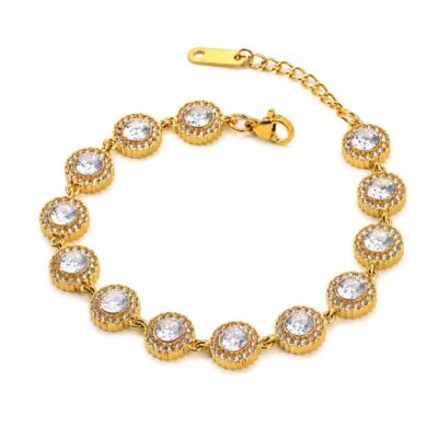Gold plated stainless steel tennis bracelet with round crystal stones
