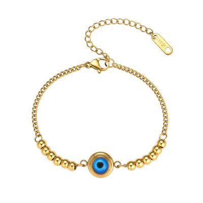 Gold plated stainless steel evil eye chain bracelet with blue enamel beads