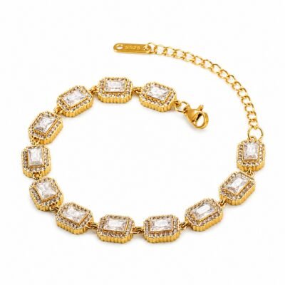 Gold plated stainless steel CZ link bracelet with square crystal stones
