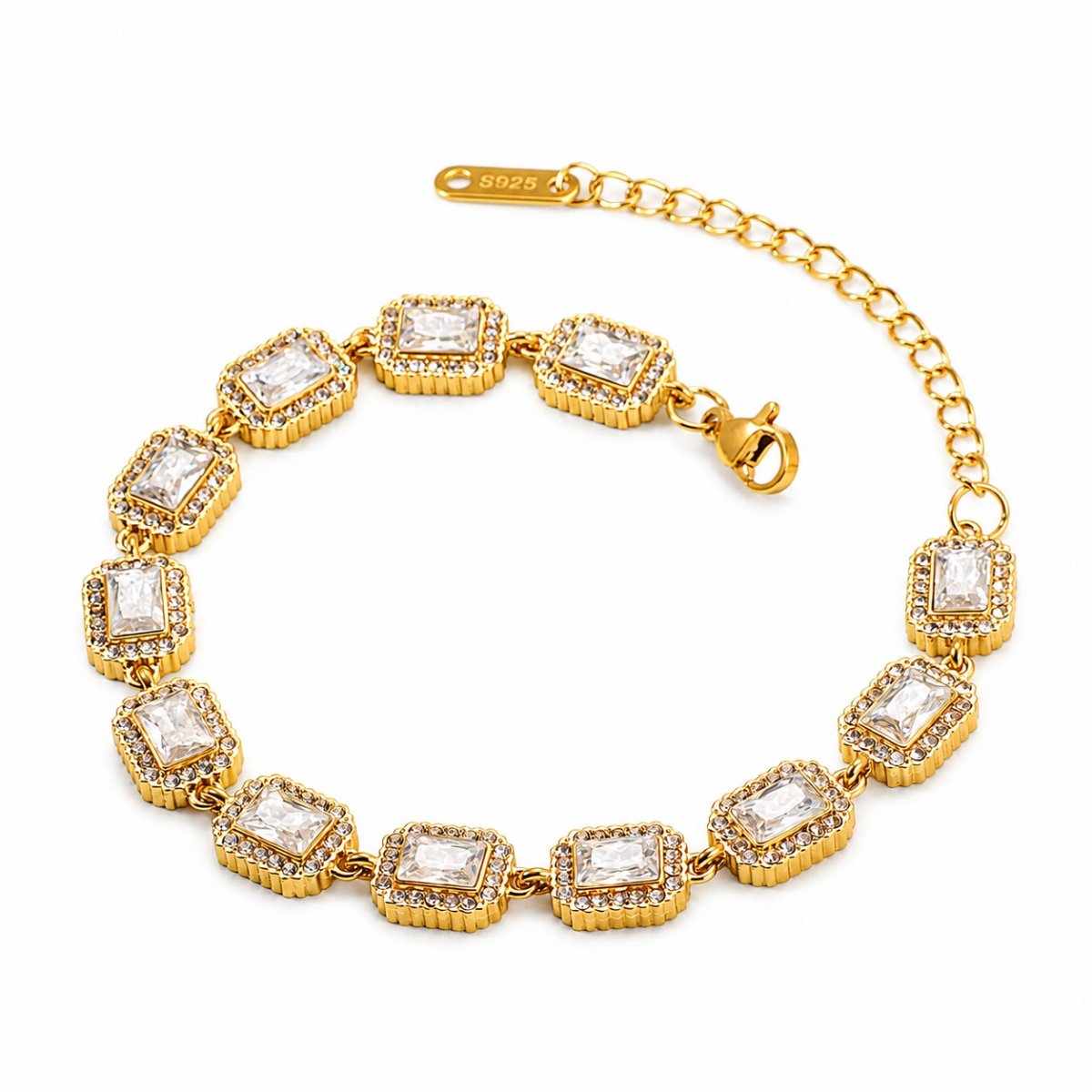 Gold plated stainless steel CZ link bracelet with square crystal stones