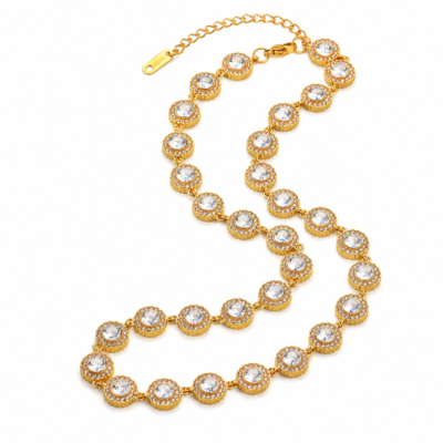 Gold plated stainless steel tennis necklace with round crystal stones
