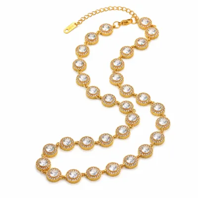 Gold plated stainless steel tennis necklace with round crystal stones