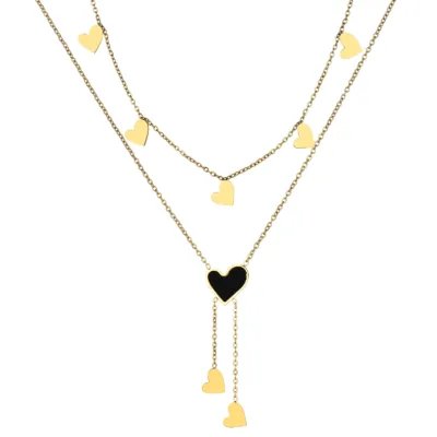 Gold plated stainless steel heart necklace with black heart pendant and dangling heart charms
