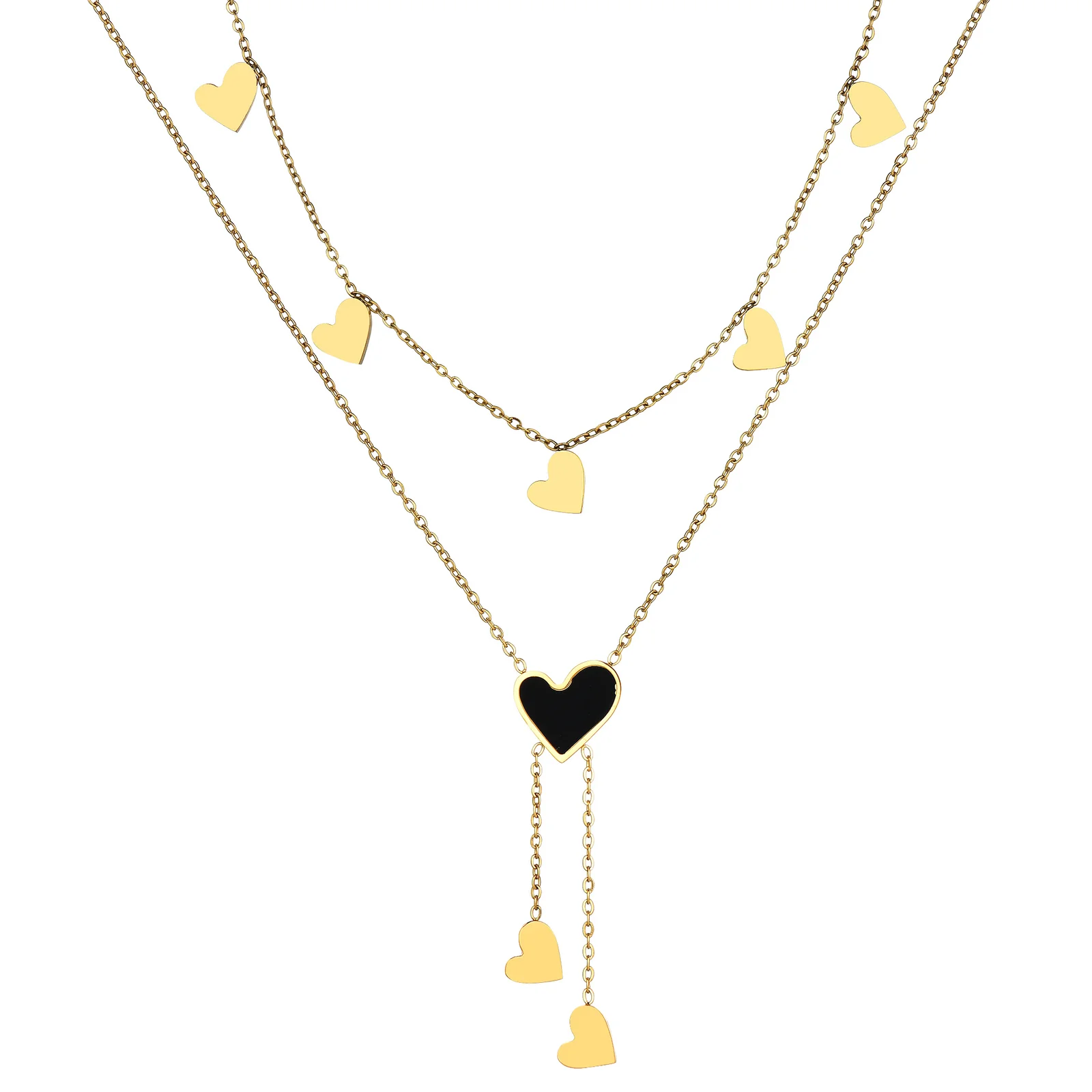 Gold plated stainless steel heart necklace with black heart pendant and dangling heart charms