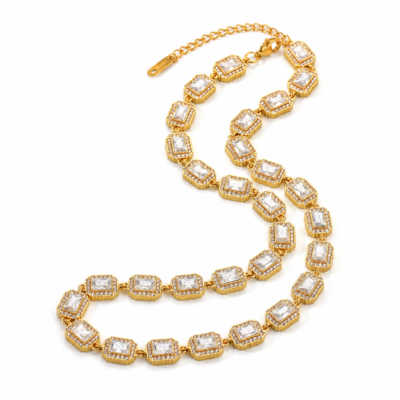 Gold plated stainless steel stone chain necklace with rectangular crystal accents