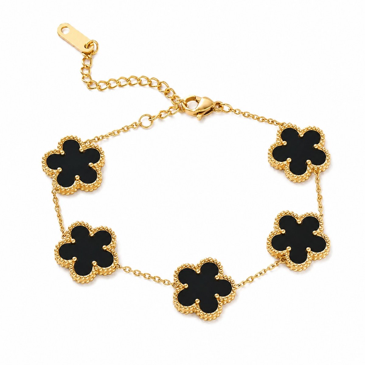 Gold plated stainless steel flower charm bracelet with white enamel clover charms