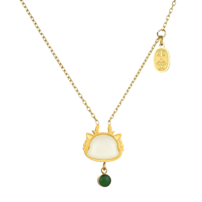 Gold plated stainless steel beaded pendant necklace with cream pendant and green bead charm
