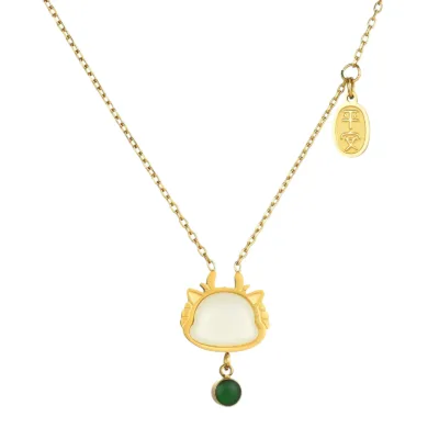 Gold plated stainless steel beaded pendant necklace with cream pendant and green bead charm