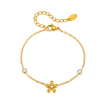 Five petal flower chain bracelet in 304 stainless steel with clear crystals