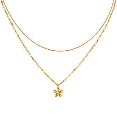 Five petal flower layered stainless steel necklace with center crystal