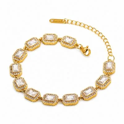 Gold CZ link bracelet with multicolor rectangular stones