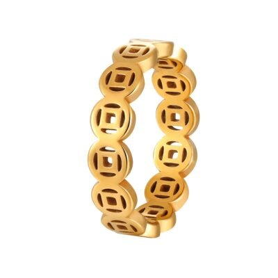 Gold and silver stainless steel geometric ring with openwork design