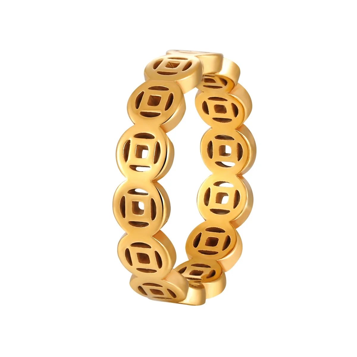 Gold and silver stainless steel geometric ring with openwork design