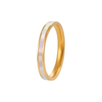 Gold stainless steel enamel ring set with pink enamel detail