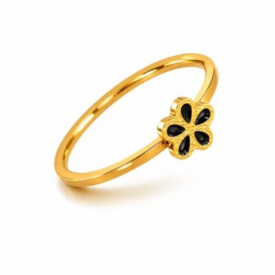 Gold stainless steel black flower ring with enamel flower detail