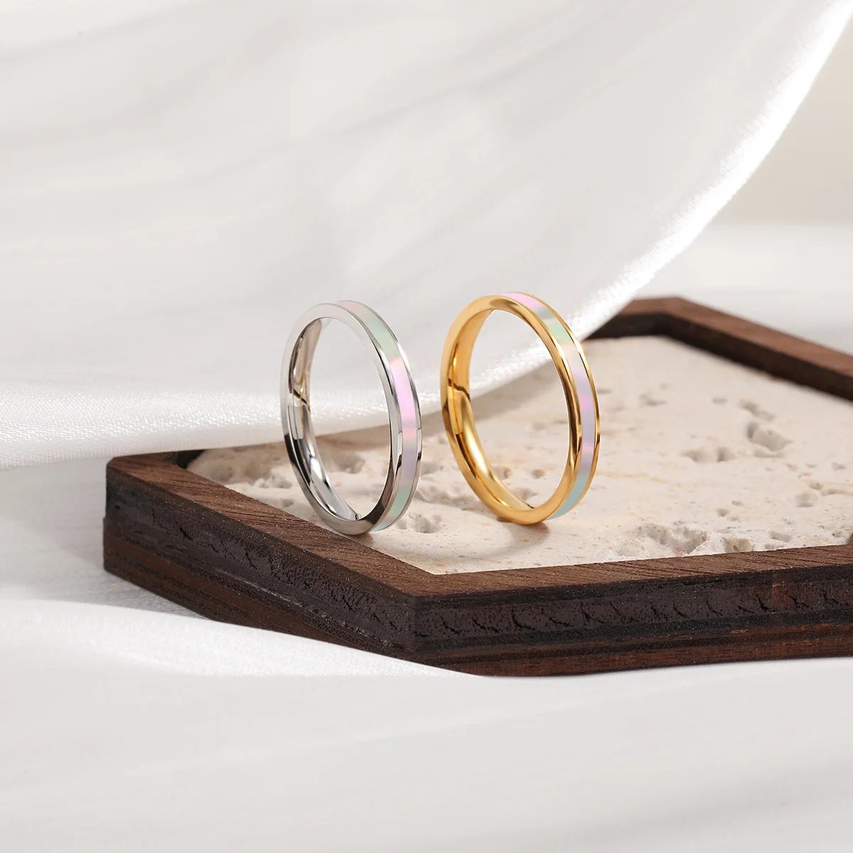 Gold stainless steel enamel ring set with pink enamel detail
