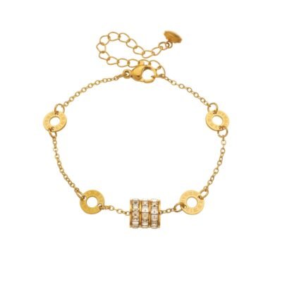 Gold plated stainless steel beaded chain bracelet with round bead accents
