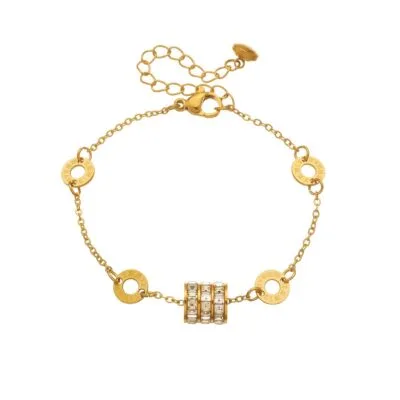 Gold plated stainless steel beaded chain bracelet with round bead accents