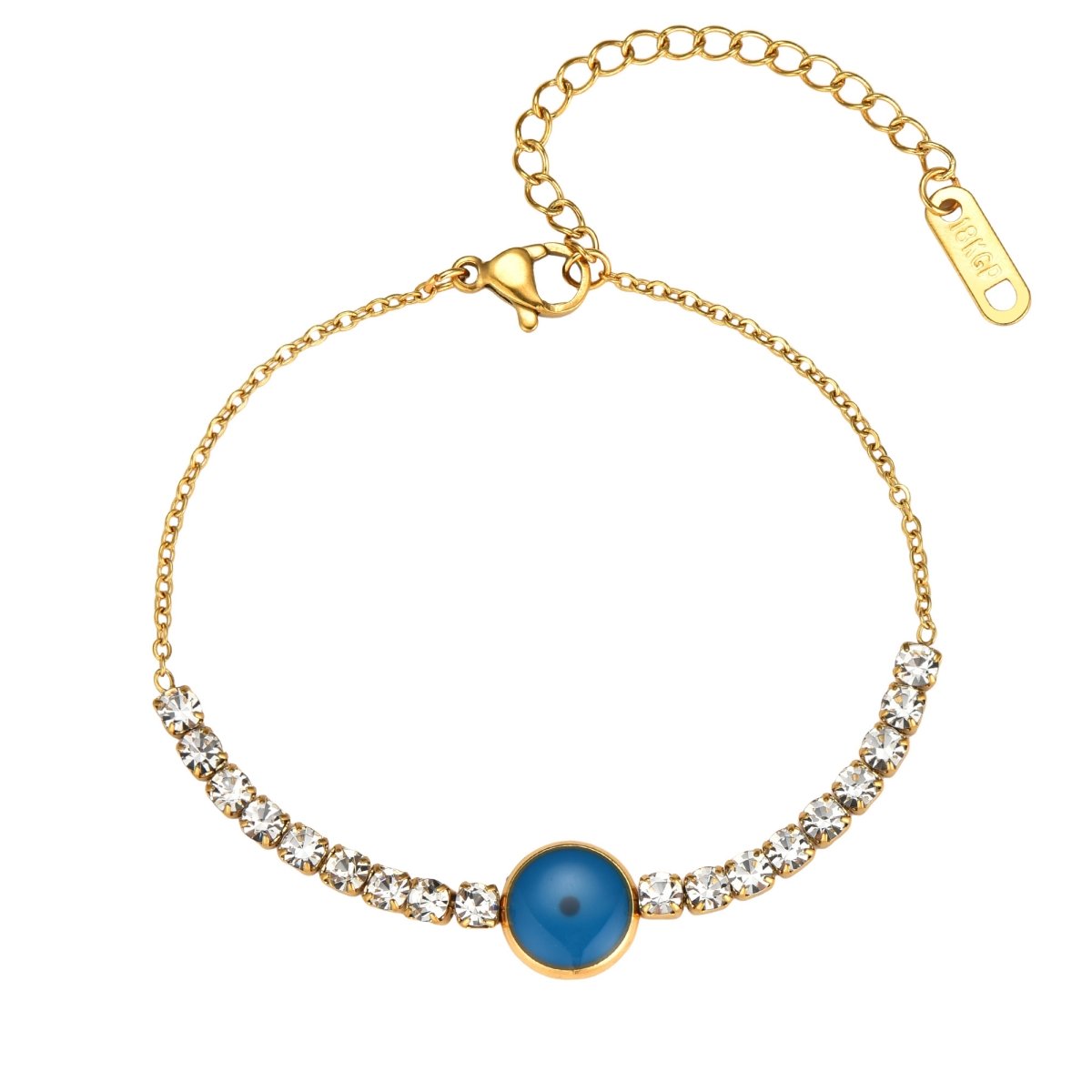 Gold plated stainless steel blue stone bracelet with crystal accents