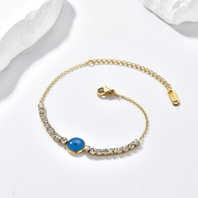 Wholesale blue stone CZ chain bracelet in gold color