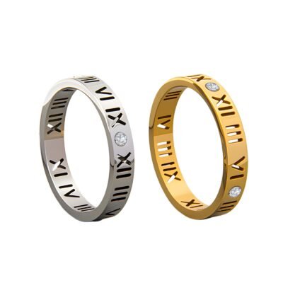 Gold and silver stainless steel roman numeral ring with CZ accents