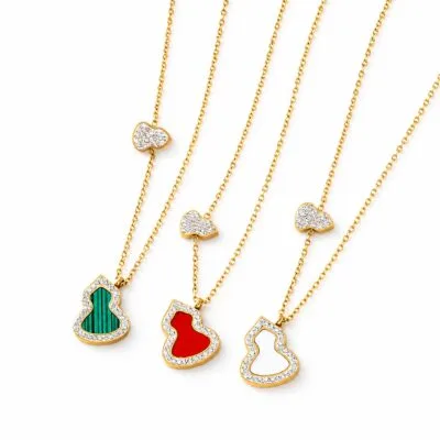 Gold plated stainless steel enamel gourd necklace with colorful gourd pendants
