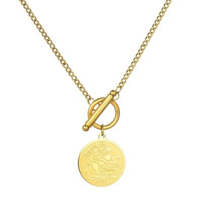 Gold plated stainless steel coin toggle necklace with round pendant