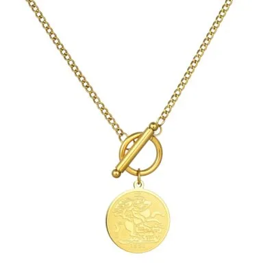 Gold plated stainless steel coin toggle necklace with round pendant