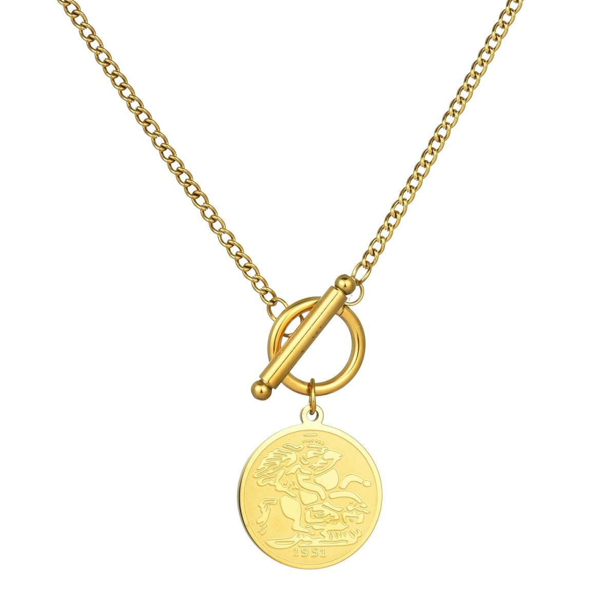 Gold plated stainless steel coin toggle necklace with round pendant