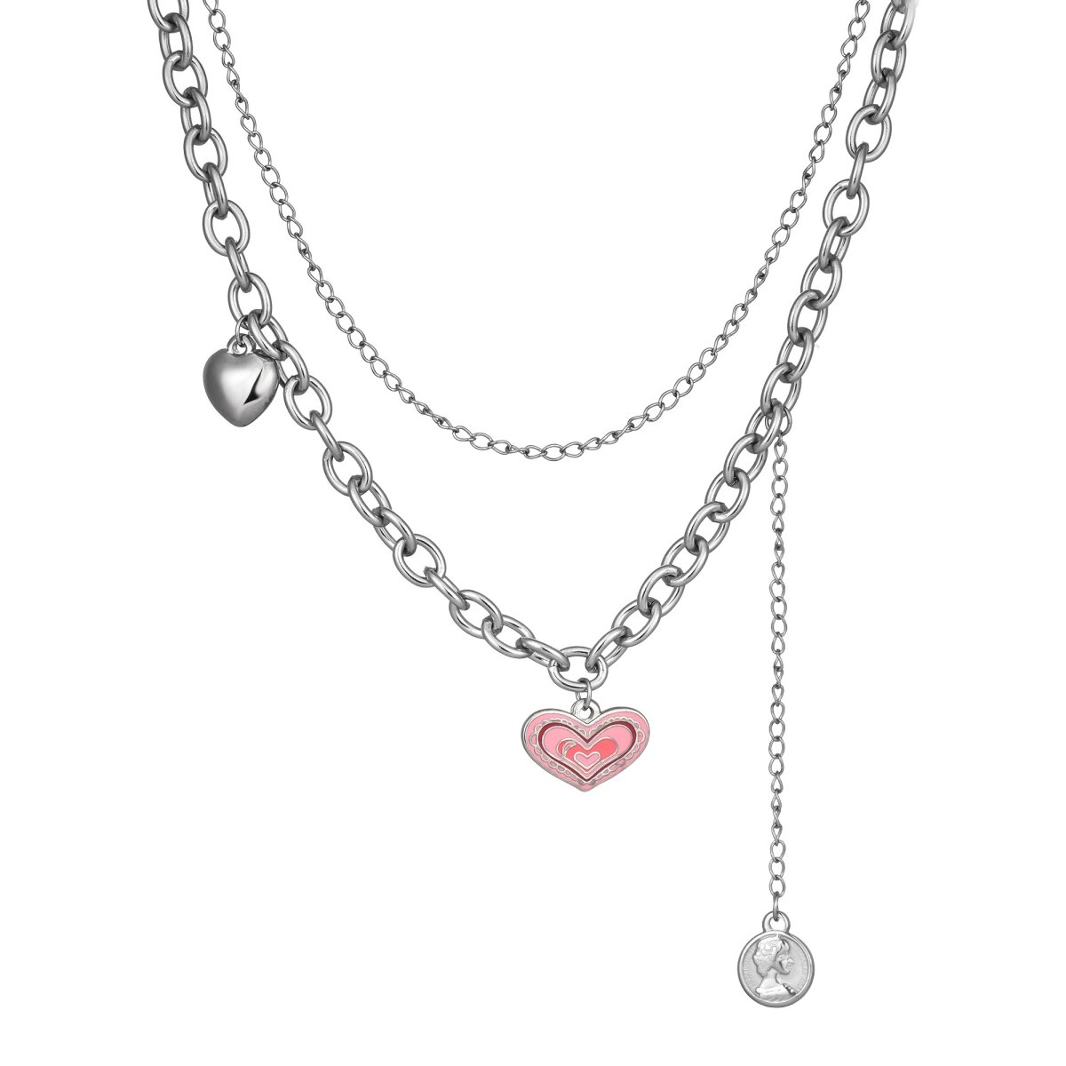 Silver stainless steel layered necklace with pink heart charm and crystal pendant