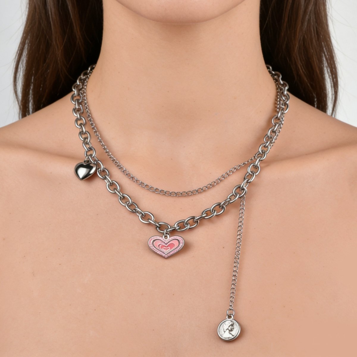 Silver Heart Layered Necklace - Image 4