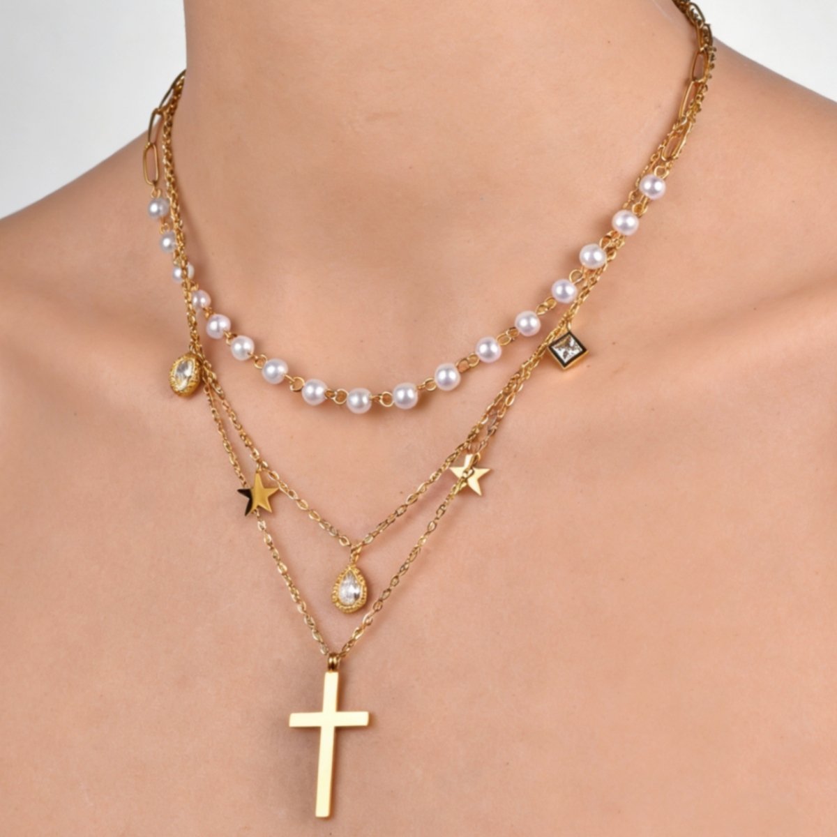 Pearl Cross Layered Necklace - Image 4