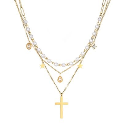 Gold plated stainless steel pearl cross layered necklace with pearl accents and cross pendant