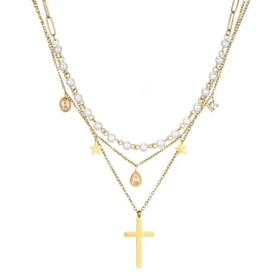 Gold plated stainless steel pearl cross layered necklace with pearl accents and cross pendant