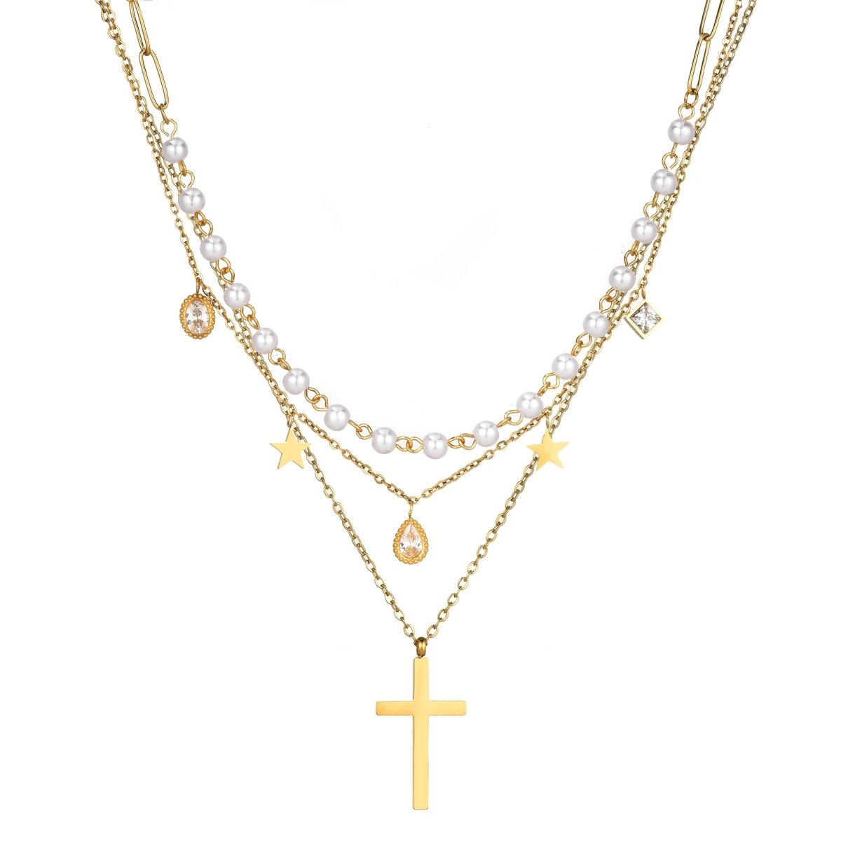 Gold plated stainless steel pearl cross layered necklace with pearl accents and cross pendant