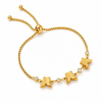 Gold stainless steel butterfly slider bracelet with crystal accents