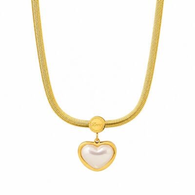 Gold stainless steel heart herringbone necklace with heart pendant