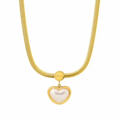 Gold stainless steel heart herringbone necklace with heart pendant