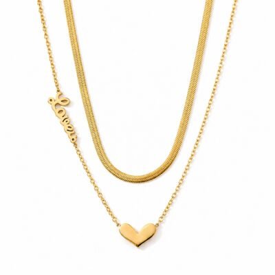 Gold stainless steel layered heart chain necklace with heart pendant