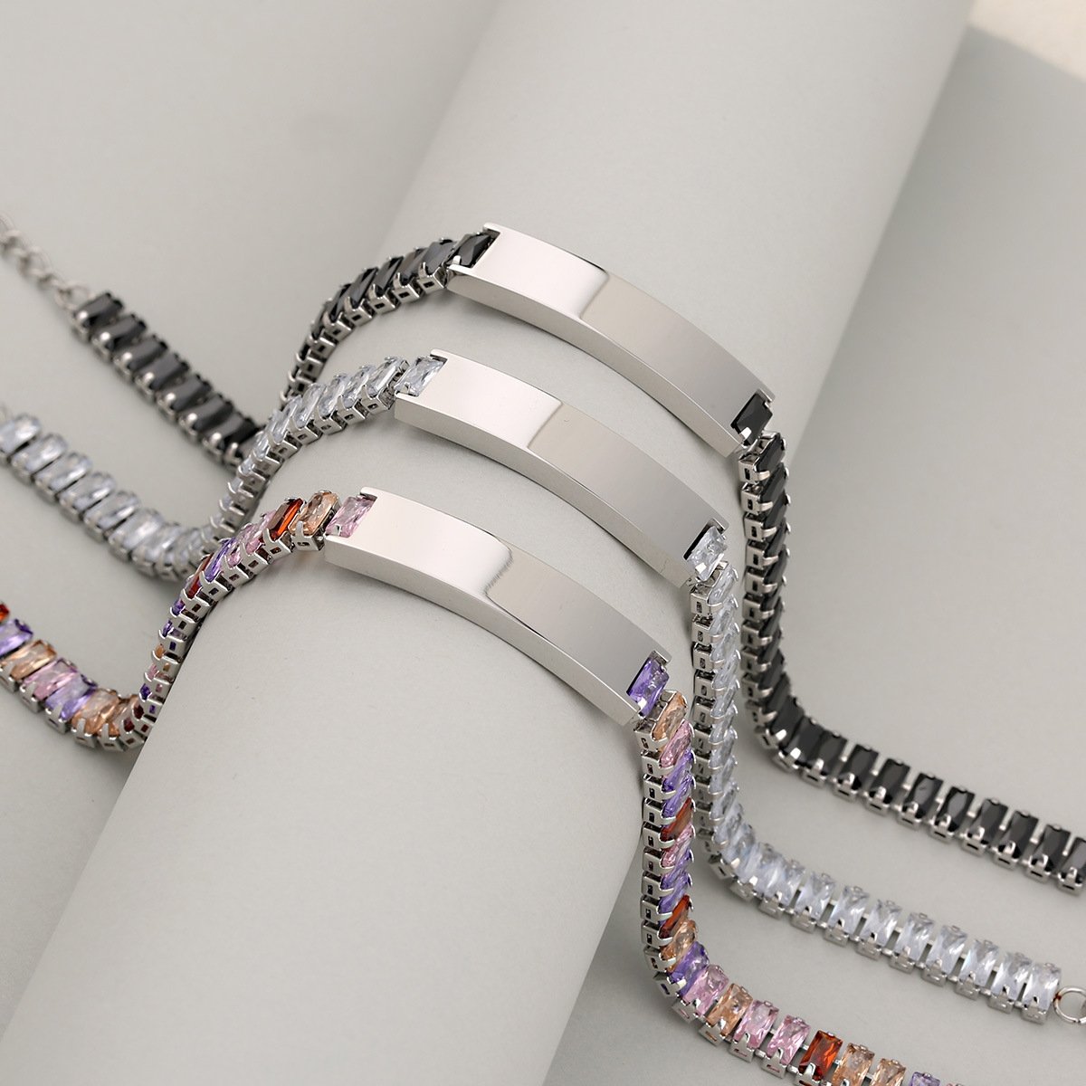 Gold plated stainless steel crystal bar bracelet with rectangular stones