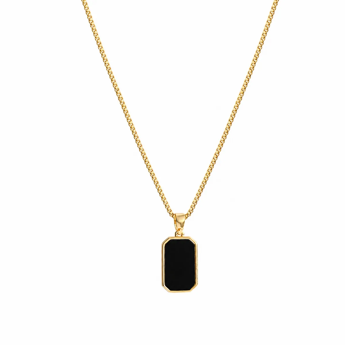 Gold stainless steel black pendant box chain necklace with rectangular pendant