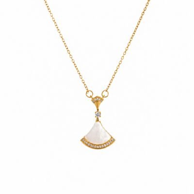 Gold stainless steel white fan pendant necklace with crystal accents