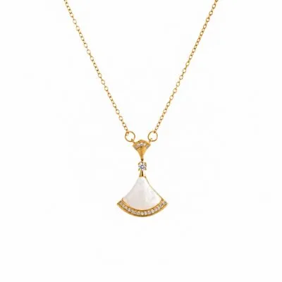 Gold stainless steel white fan pendant necklace with crystal accents