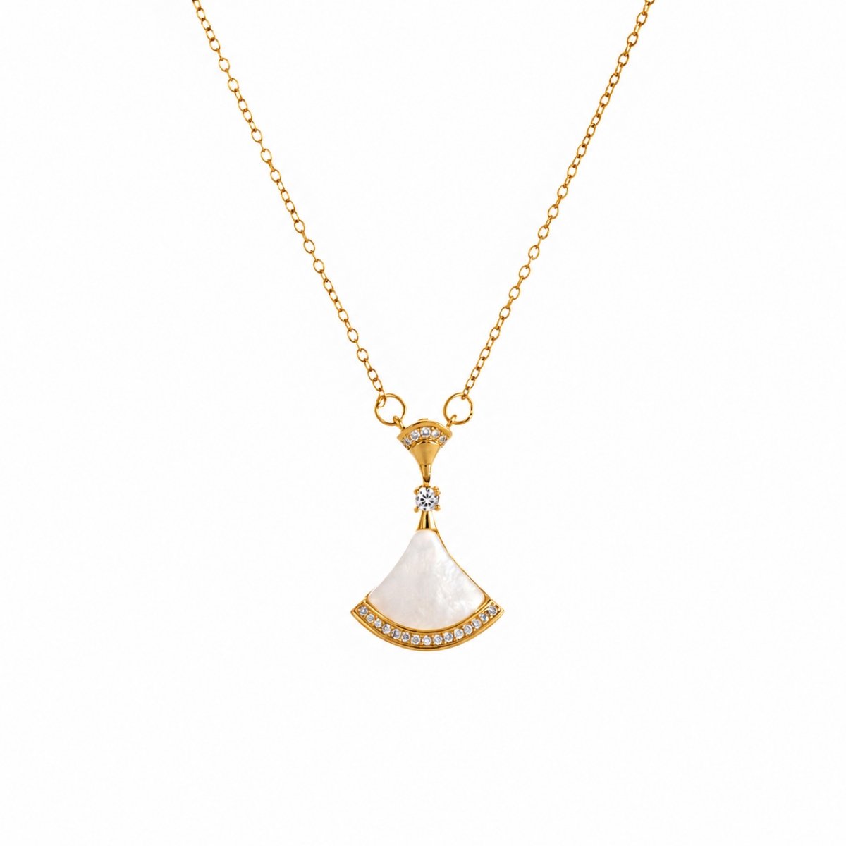 Gold stainless steel white fan pendant necklace with crystal accents