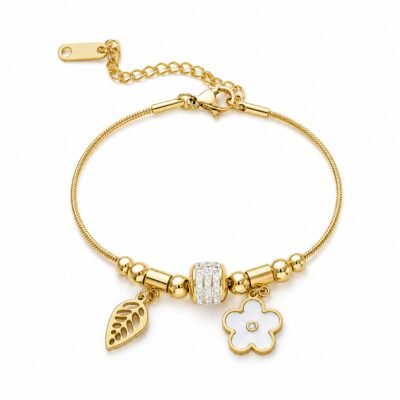 Gold stainless steel flower charm snake bracelet with white enamel flower