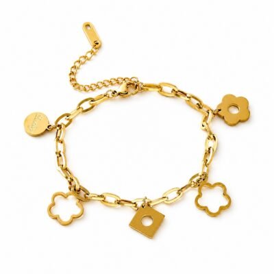 Gold stainless steel geometric charm chain bracelet with flower charms