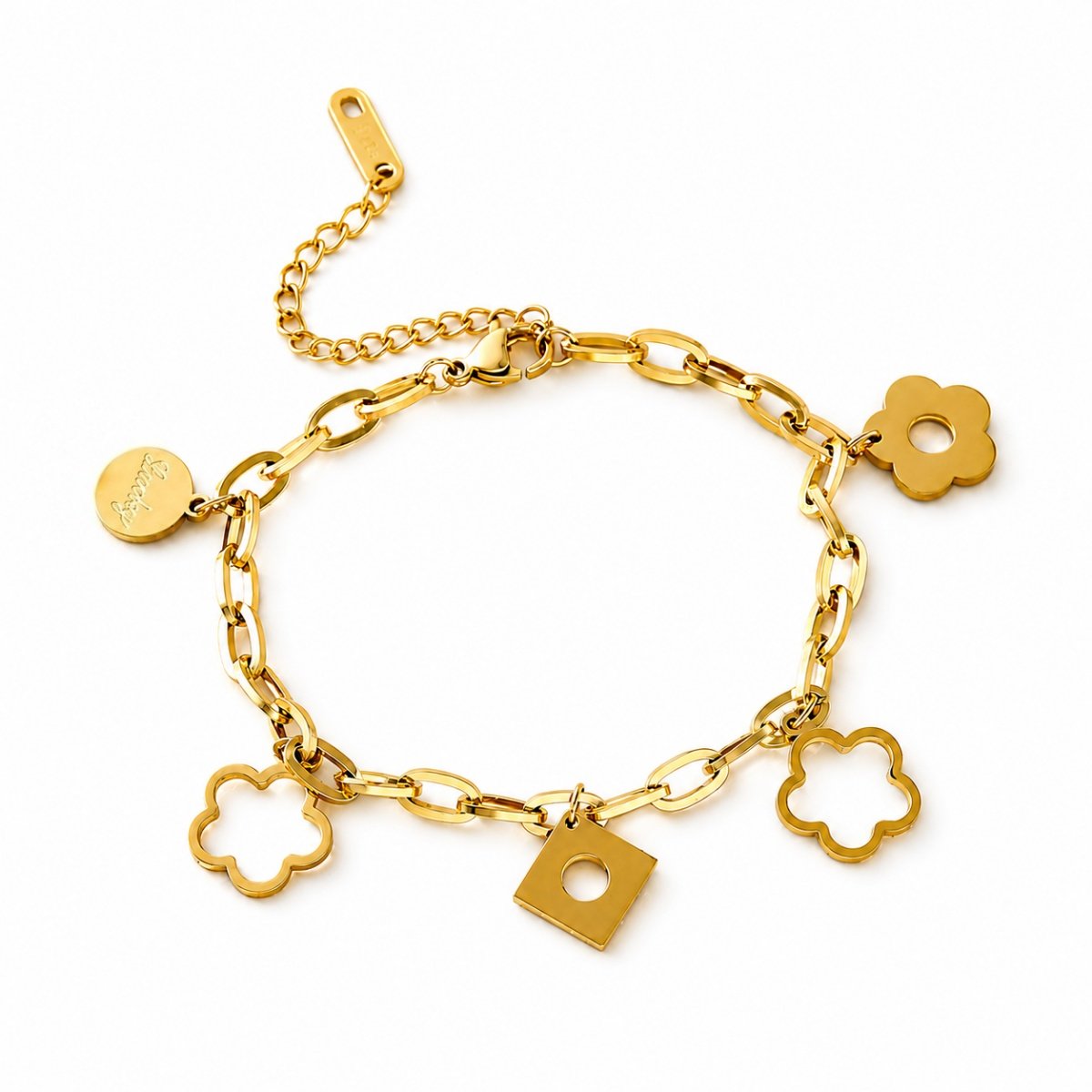 Gold stainless steel geometric charm chain bracelet with flower charms
