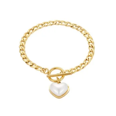Gold stainless steel pearl toggle bracelet with pearl charm