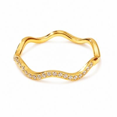 Gold stainless steel wavy crystal ring with curved band design