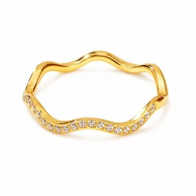Gold stainless steel wavy crystal ring with curved band design